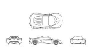 hennessey venom autocad drawing, plan and elevation 2d views, dwg file free for download