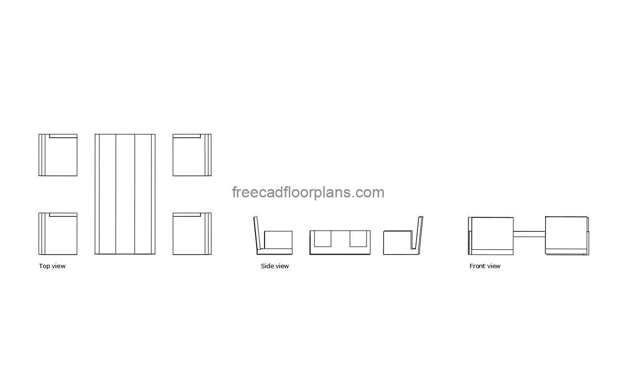 japanese table and chairs autocad drawing, plan and elevation 2d views, dwg file free for download