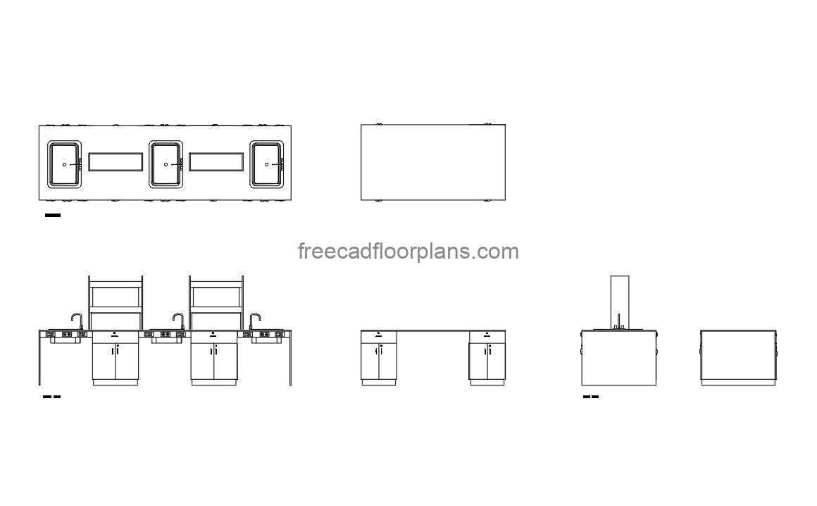 laboratory table autocad drawing, plan and elevation 2d views, dwg file free for download