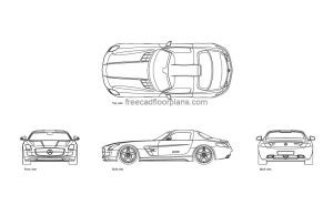 mercedes SLS autocad drawing, plan and elevation 2d views, dwg file free for download