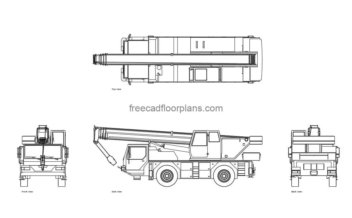 mobile crane autocad drawing, plan and elevation 2d views, dwg file free for download