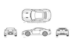 nissan GT-R autocad drawing, plan and elevation 2d views, dwg file free for download