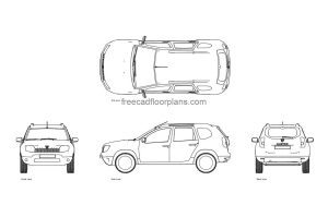 renault dacia duster autocad drawing, plan and elevation 2d views, dwg file free for download