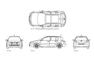 renault megane autocad drawing, plan and elevation 2d views, dwg file free for download