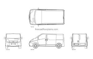 renault trafic autocad drawing, plan and elevation 2d views, dwg file free for download