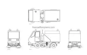 road sweeper autocad drawing, plan and elevation 2d views, dwg file free for download