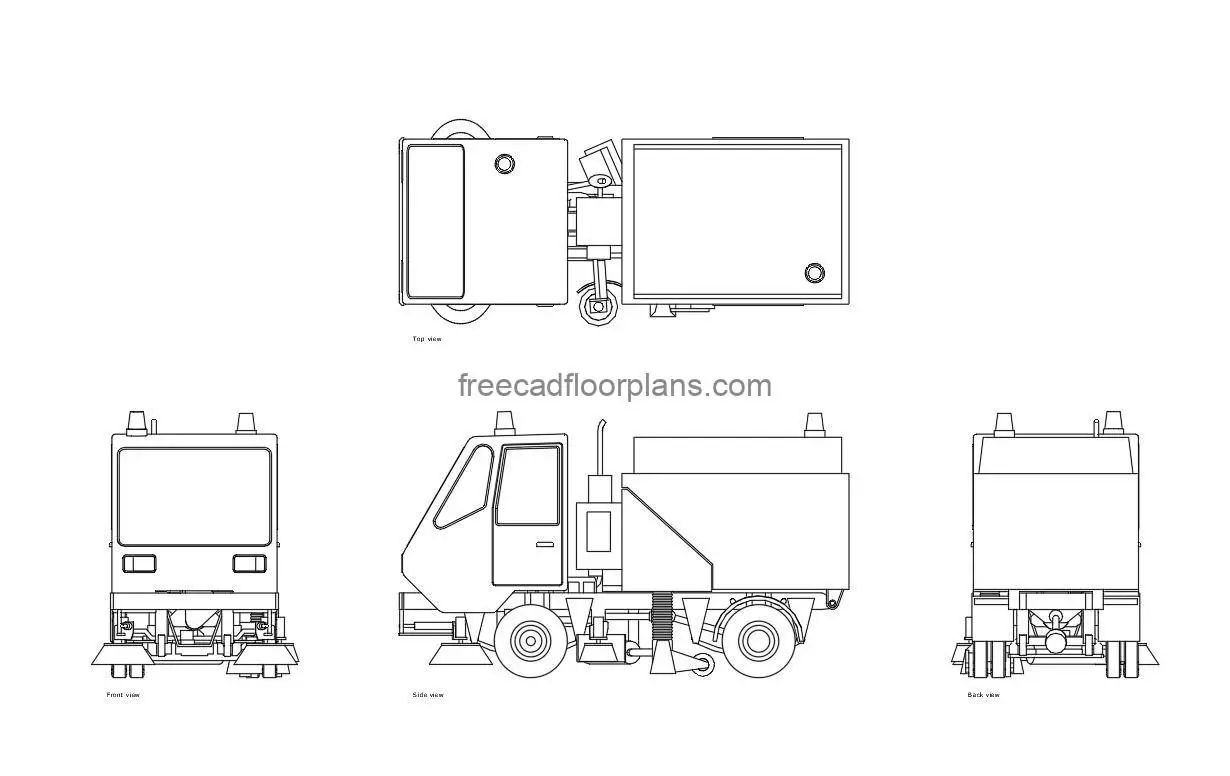 road sweeper autocad drawing, plan and elevation 2d views, dwg file free for download