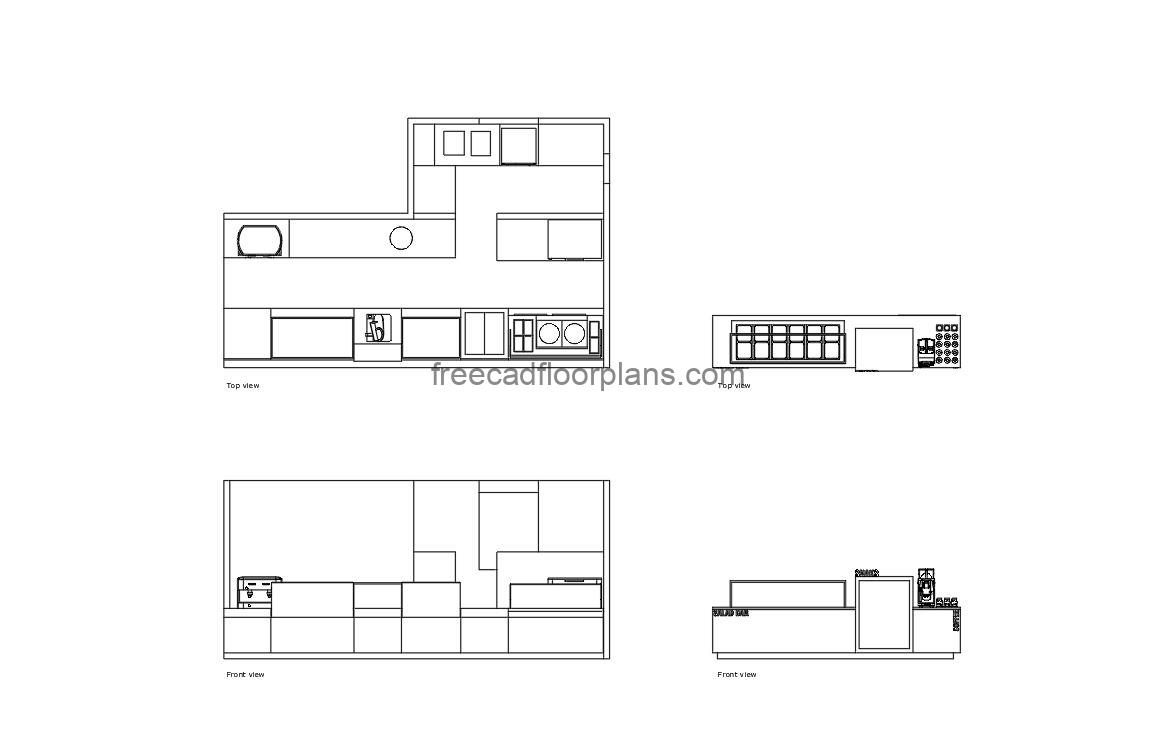 snack bars autocad drawing, plan and elevation 2d views, dwg file free for download