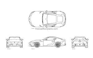 toyota GR supra autocad drawing, plan and elevation 2d views, dwg file free for download