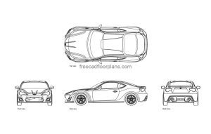 toyota gt-86 autocad drawing, plan and elevation 2d views, dwg file free for download