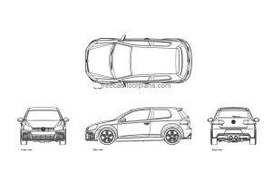 volkswagen golf autocad drawing, plan and elevation 2d views, dwg file free for download