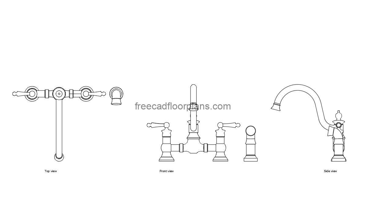 waterhill bridge faucet autocad drawing, plan and elevation 2d views, dwg file free for download