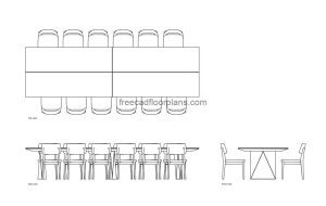 12 seater dining table autocad drawing, plan and elevation 2d views, dwg file free for download