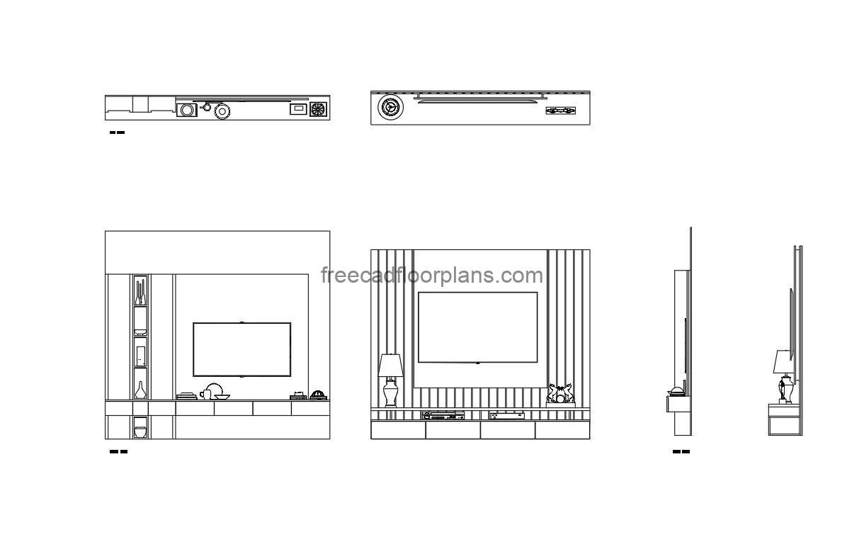 2 modern TV units autocad drawing, plan and elevation 2d views, dwg file free for download