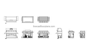 3 outdoor kiosks autocad drawing, plan and elevation 2d views, dwg file free for download