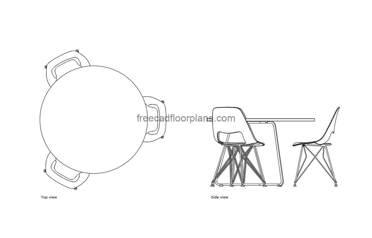3 seater round dining table autocad drawing, plan and elevation 2d views, dwg file free for download