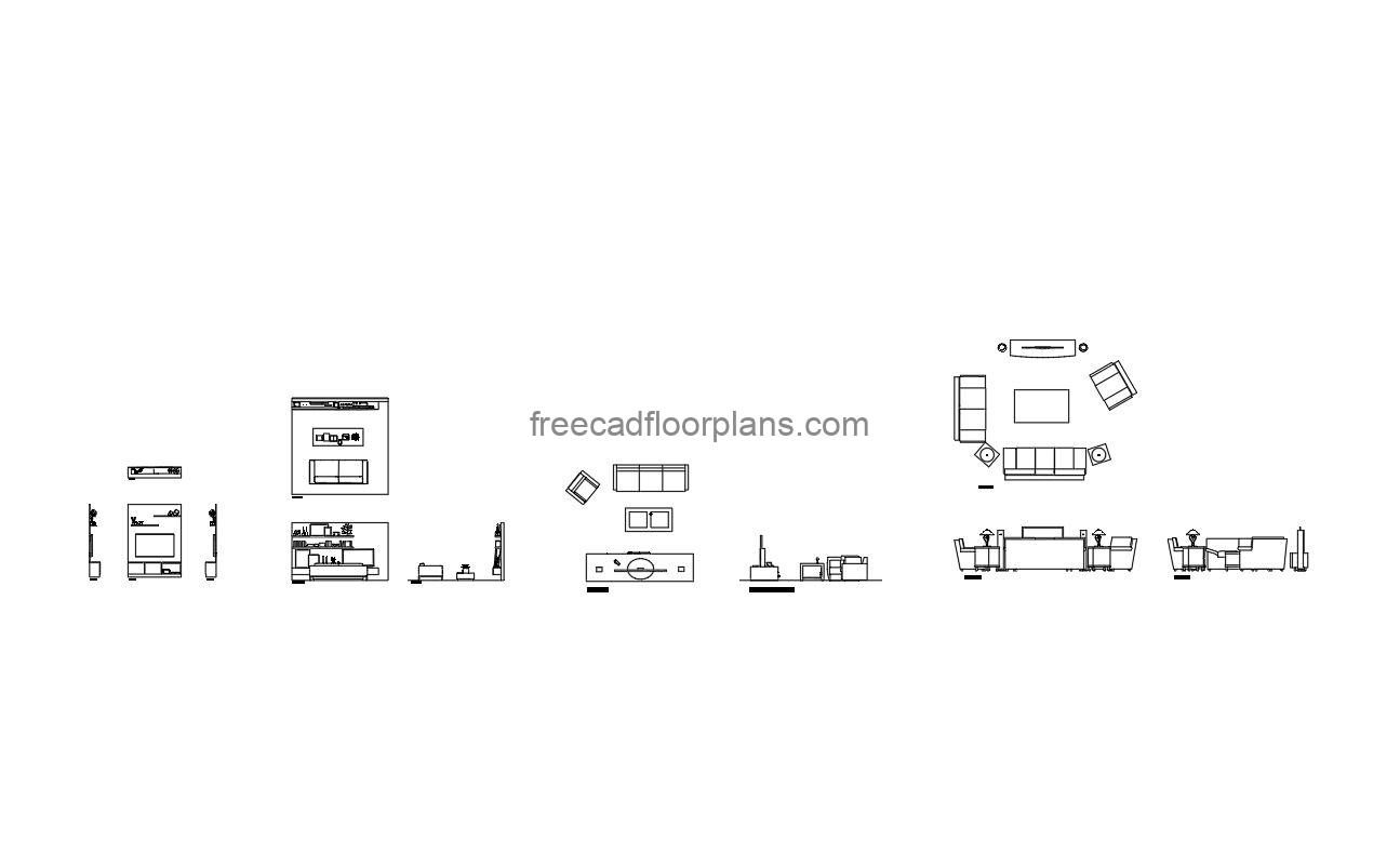 Living room with tv autocad drawing, plan and elevation 2d views, dwg file free for download