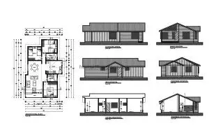 Three-bedroom timber cabin autocad drawing for fo free download, plan and elevation 2d views, dwg file free for download