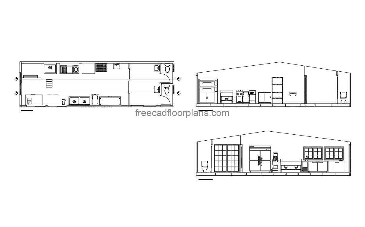 bakery kitchen autocad drawing, plan and elevation 2d views, dwg file free for download