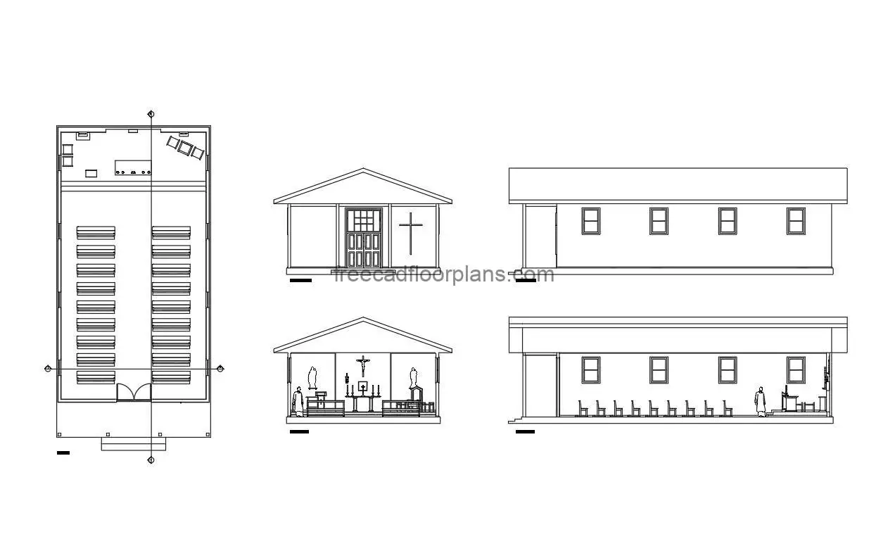 chapel autocad drawing, plan and elevation 2d views, dwg file free for download