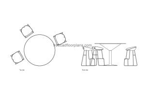 cocktail table and chairs autocad drawing, plan and elevation 2d views, dwg file free for download