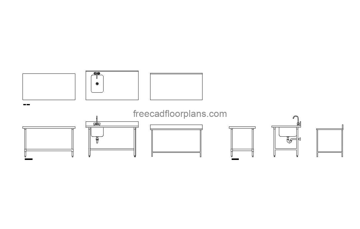 commercial kitchen prep table autocad drawing, plan and elevation 2d views, dwg file free for download