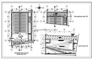 complete movie theater with sectional view, autocad drawing, plan and elevation 2d views, dwg file free for download