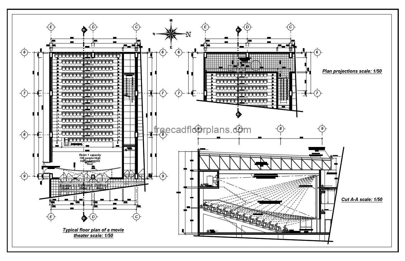 complete movie theater with sectional view, autocad drawing, plan and elevation 2d views, dwg file free for download