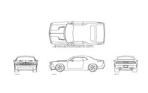 dodge charger autocad drawing, plan and elevation 2d views, dwg file free for download