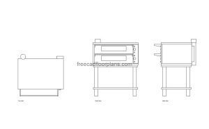 electric pizza oven autocad drawing, plan and elevation 2d views, dwg file free for download