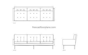 florence knoll sofa autocad drawing, plan and elevation 2d views, dwg file free for download
