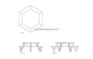 hexagonal picnic table autocad drawing, plan and elevation 2d views, dwg file free for download