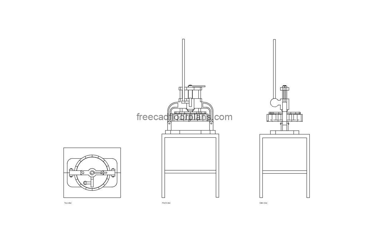 industrial dough cutter machine autocad drawing, plan and elevation 2d views, dwg file free for download