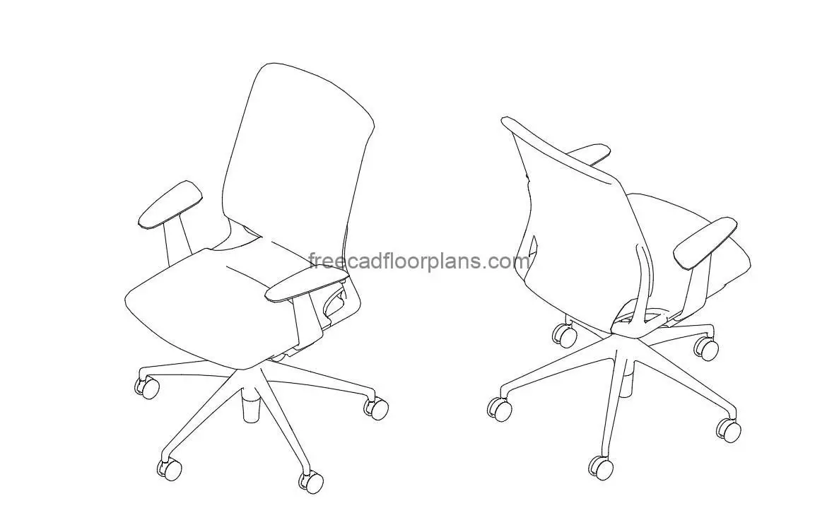 isometric office chair autocad drawing, 2d views for free download