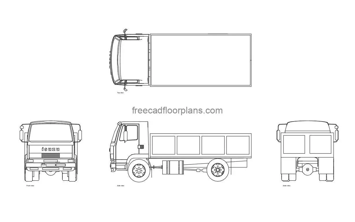 isuzu pickup truck autocad drawing, plan and elevation 2d views, dwg file free for download