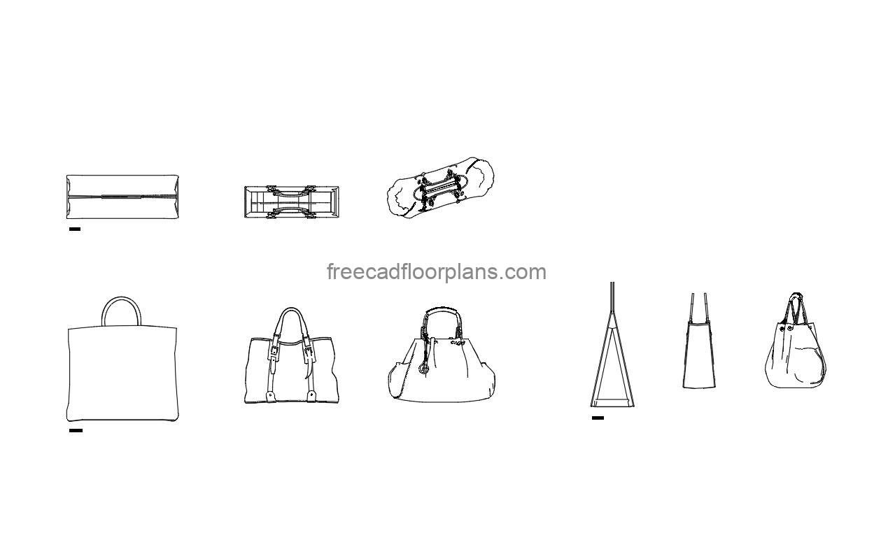 ladies purse autocad drawing, plan and elevation 2d views, dwg file free for download