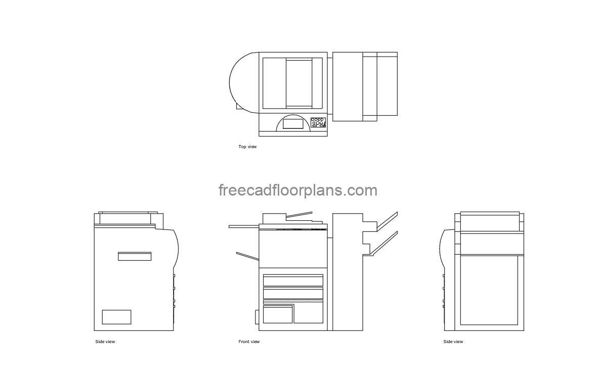 large printer xerox workcentre autocad drawing, plan and elevation 2d views, dwg file free for download