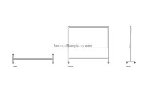 mobile two sided whiteboard autocad drawing, plan and elevation 2d views, dwg file free for download