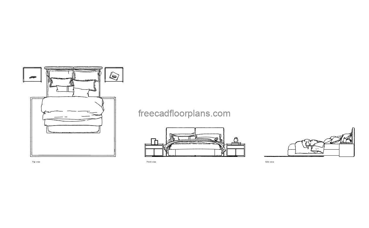 modern king size bed autocad drawing, plan and elevation 2d views, dwg file free for download