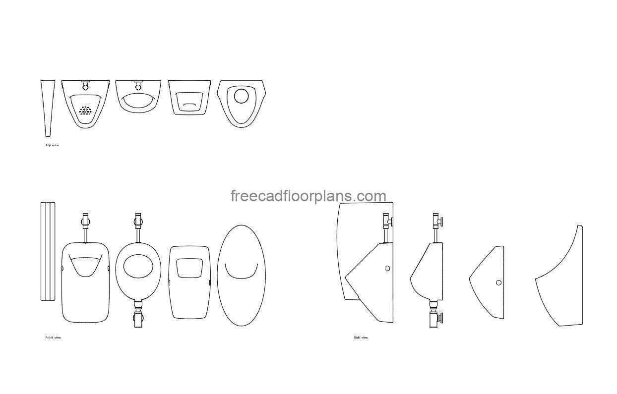modern urinals autocad drawing, plan and elevation 2d views, dwg file free for download