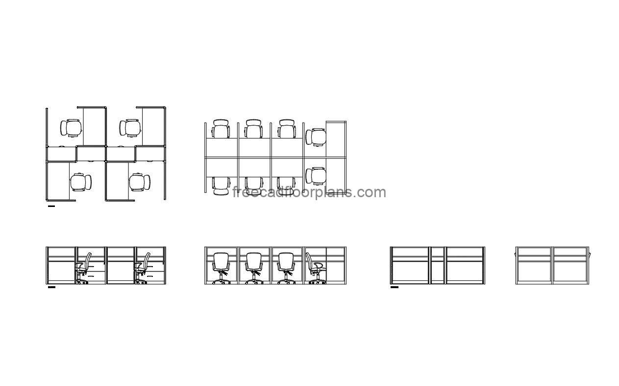 office partition workstation autocad drawing, plan and elevation 2d views, dwg file free for download