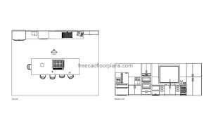 open modern kitchen autocad drawing, plan and elevation 2d views, dwg file free for download