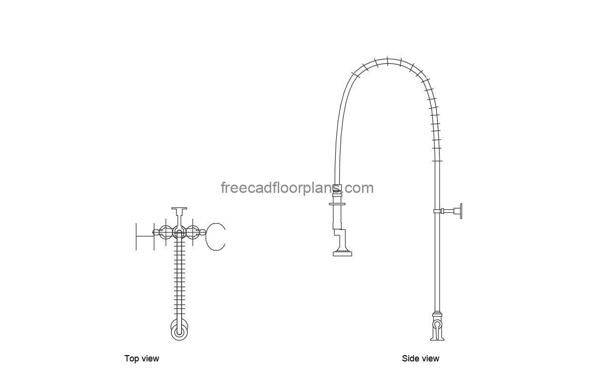 pre-rinse faucet autocad drawing, plan and elevation 2d views, dwg file free for download