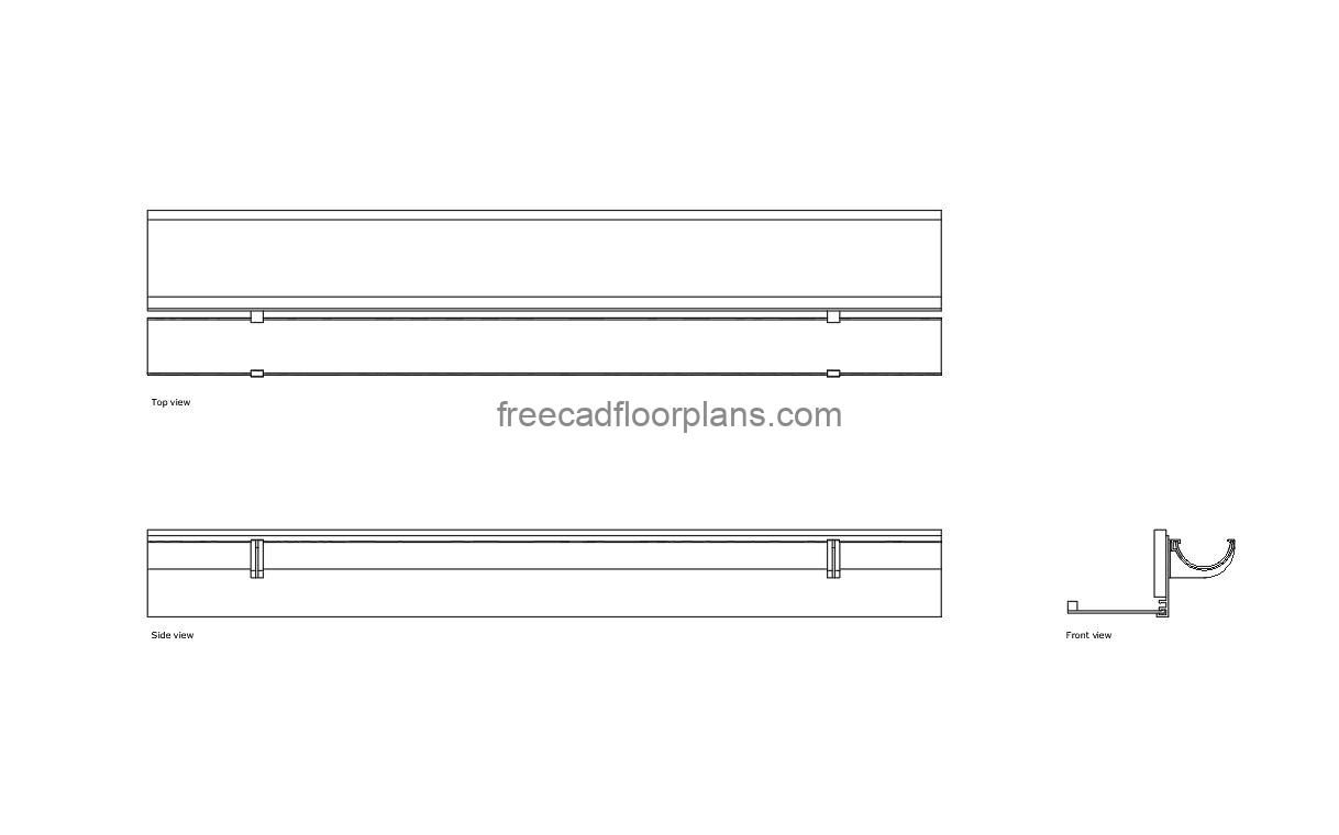 pvc gutter with fascia bracket autocad drawing, plan and elevation 2d views, dwg file free for download