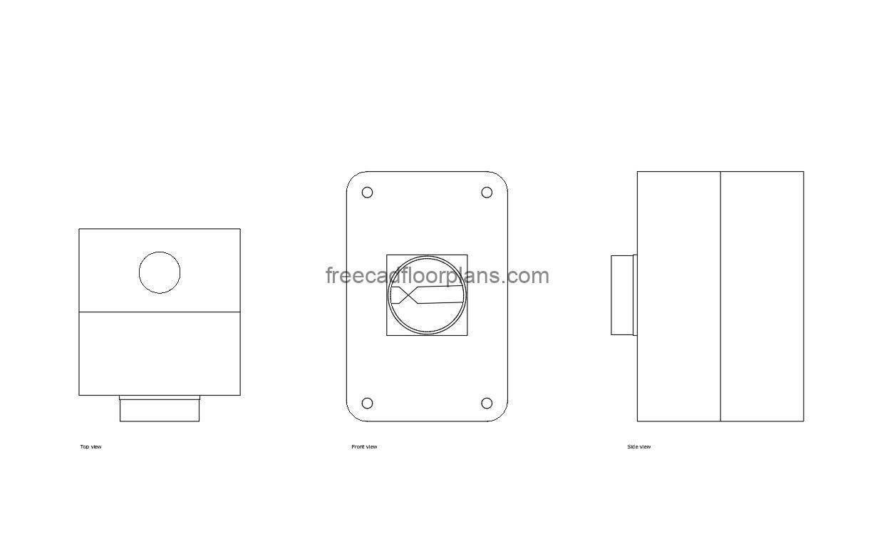 rotary isolator switch autocad drawing, plan and elevation 2d views, dwg file free for download