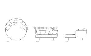 round daybed autocad drawing, plan and elevation 2d views, dwg file free for download