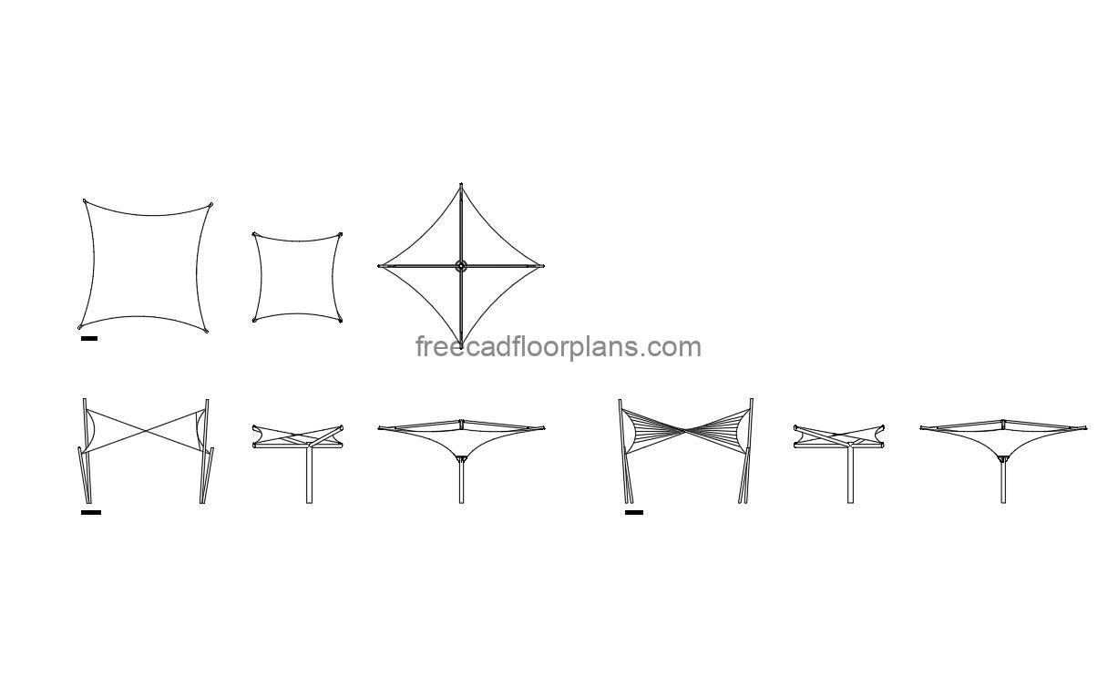 shade sails autocad drawing, plan and elevation 2d views, dwg file free for download