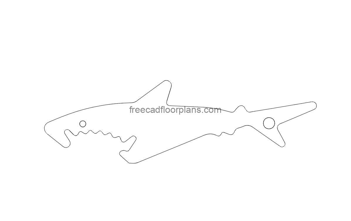 shark bottle opener autocad drawing, plan and elevation 2d views, dxf file free for download