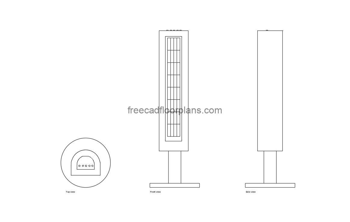 tower fan autocad drawing, plan and elevation 2d views, dwg file free for download