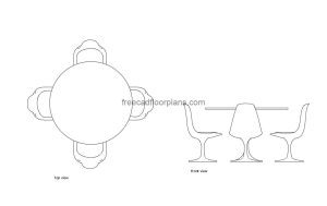 tulip table and chairs autocad drawing, plan and elevation 2d views, dwg file free for download